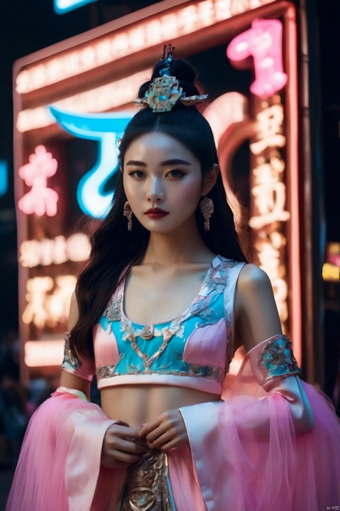 A 20-year-old Chinese beauty holding an LED sign that says ("TUTU":1.5), dressed in magnificent ancient attire, illuminated by LED lighting in the style of 80s neon movie stills.