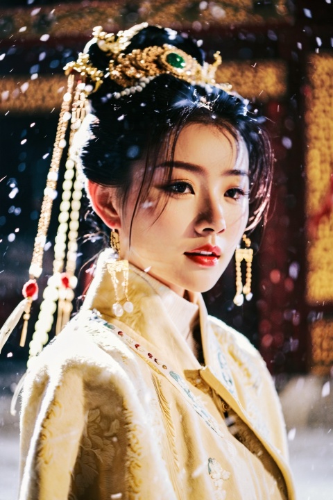 cinematic photo A Chinese (makeup) girl wearing a gorgeous white Hanfu and (opened:1.7) light yellow coat walks in an ancient palace under heavy snow with a light smile on her face, . 35mm photograph, film, bokeh, professional, 4k, highly detailed