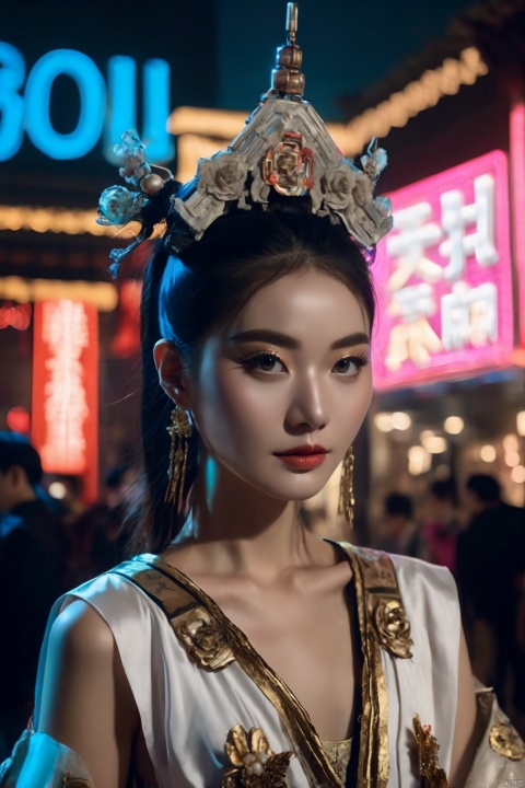 A 20-year-old Chinese beauty holding an LED sign that says "TUTU", dressed in magnificent ancient attire, illuminated by LED lighting in the style of 80s neon movie stills.