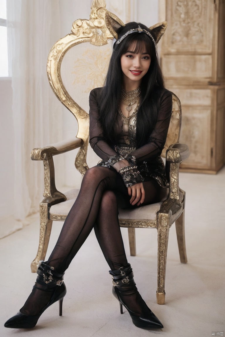 A solitary girl with long black hair and bangs sits on a chair indoors. She is dressed in a captivating black shiny outfit that hugs her figure, adorned with shimmering jewelry like a necklace and bracelets. She wears Egyptian-inspired animal ear headgear, and her black footwear, with high heels, gleams with shine. She gazes directly at the viewer, smiling with parted lips that exude charm. Sitting in stillness, she holds a golden Pharaoh staff in her hand. Surrounding her is a serene atmosphere with dim indoor lighting, creating an air of mystery.tutututu,