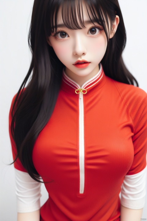  1girl,white background,(big chest:1.3),(standing:1.3),(red sweater:1.3),