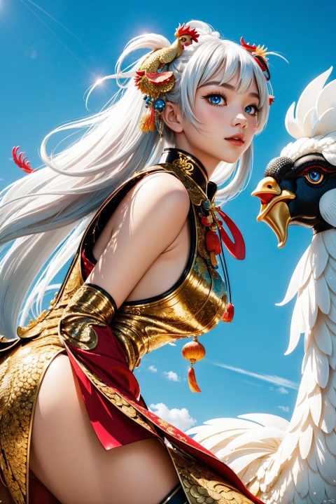 (Little girl:1.5)riding a gigantic (Chinese soil wall:1.5), which is covered in shimmering golden scales, soaring through the air. They are tightly embracing a magnificent and colorful (Chinese rooster:1.5), whose feathers radiate a dazzling light in the sunlight.


A demon with (white hair:1.5),(blue eyes:1.5) resembling blue gemstones, and a fringed haircut. This demon exudes an outgoing and sunny personality. She is dressed in a peculiar, mechanical construct cheongsam gown, predominantly made of gossamer material, with accents that evoke the ambiance of fire element. The cheongsam gown itself is in vibrant Chinese red. Completing her ensemble, she wears a pair of high-heeled shoes.
, col
