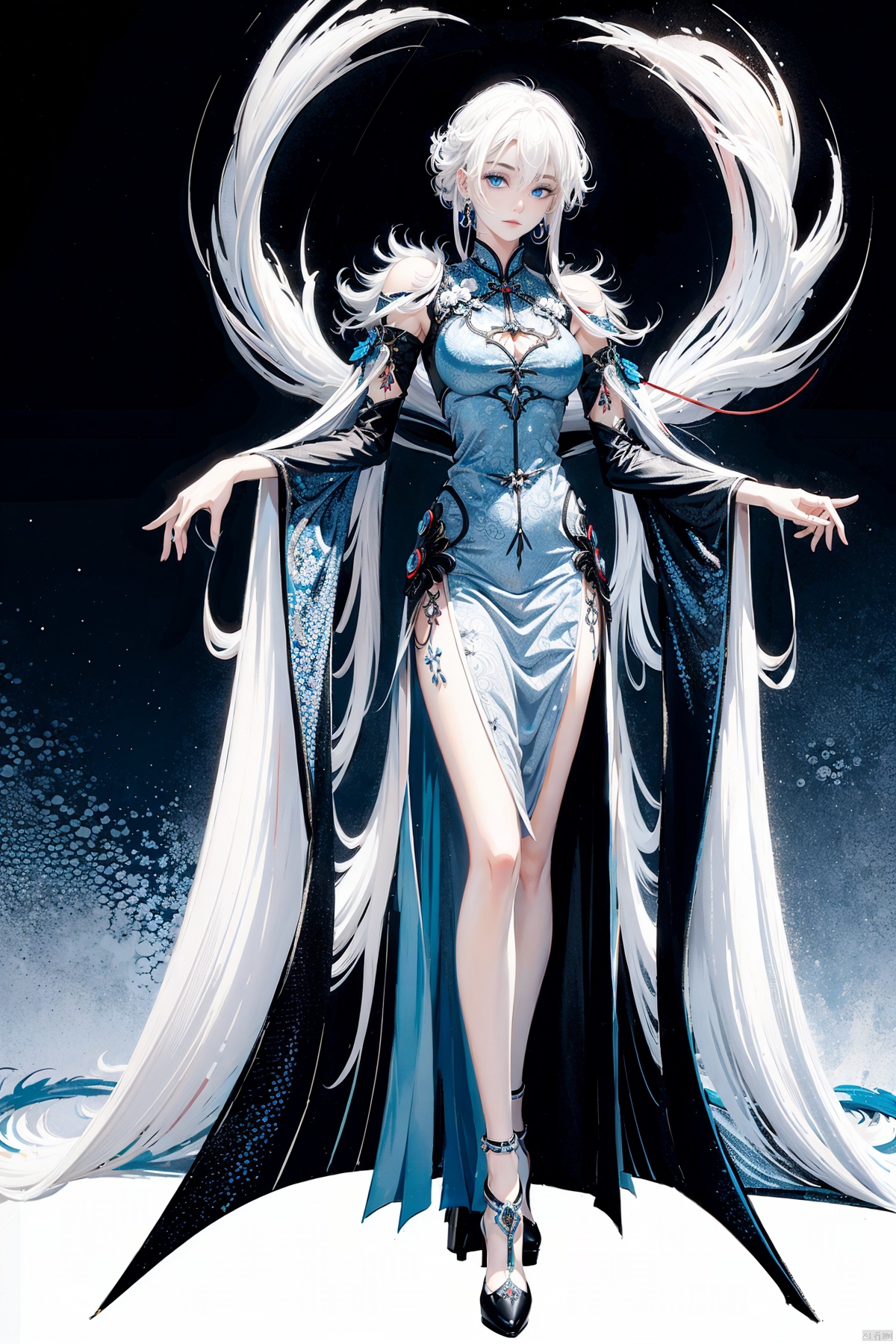  A demon with (white hair:1.5),(blue eyes:1.5) resembling blue gemstones, and a fringed haircut. This demon exudes an outgoing and sunny personality. She is dressed in a peculiar, mechanical construct cheongsam gown, predominantly made of gossamer material, with accents that evoke the ambiance of fire element. The cheongsam gown itself is in vibrant Chinese red. Completing her ensemble, she wears a pair of high-heeled shoes.
, col
