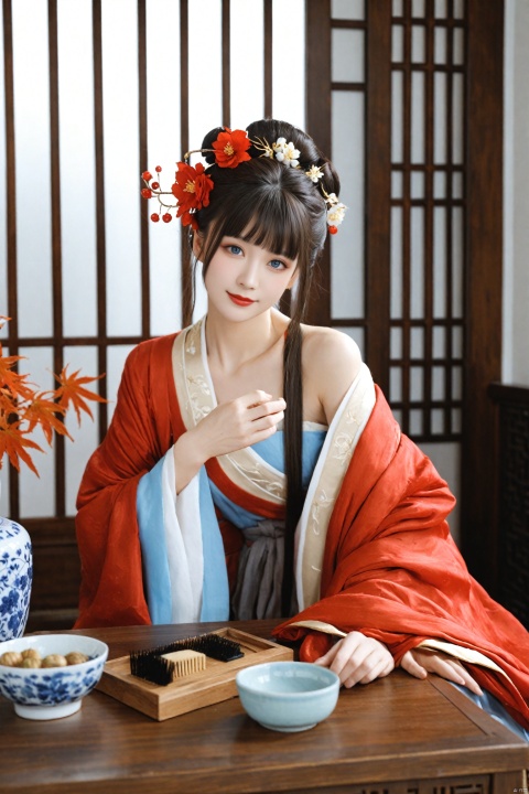  Realism, best quality, 1girl, flower, hanfu, solo, hair ornament, chinese clothes, leaf, black hair, looking at viewer, red lips, off shoulder, indoors, hair flower, white flower, maple leaf, bare shoulders, long sleeves, dress, hand up, blue eyes, long hair, comb, head tilt, wide sleeves, shawl, sash, closed mouth, box, collarbone, blunt bangs, hair stick, autumn leaves, updo, makeup, vase, hair bun, brown hair, table, realistic, blurry, smile, lipstick, upper body