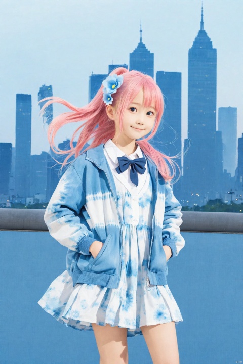  pink hair, blue theme,Tie dyeing,tie dyeing style,loli,petite,long hair, Jacket,high ponytail,collared shirt,hair flower,fipped hair,floating hair,Frown,hands in pockets,dress,bowtie,(solo),sky, skyline, skyscraper, smile, solo,flower