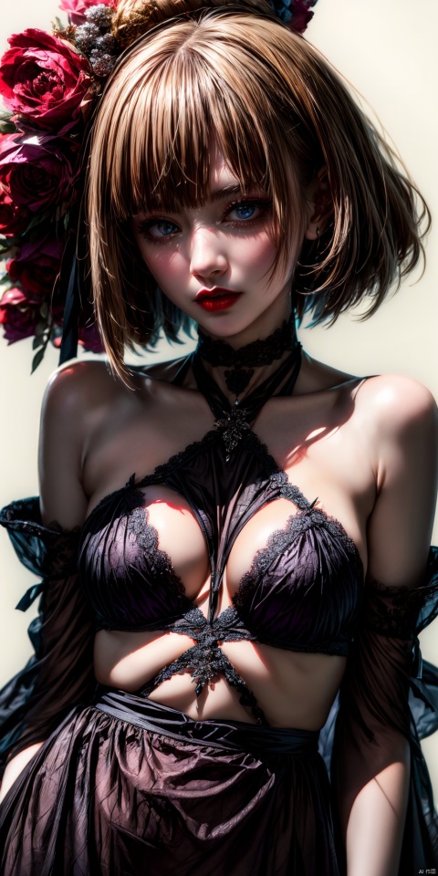  Full body,Create a high-quality artwork with beautiful colors in the style of CursedApple. The image features a solitary girl with her breasts exposed, sporting black hair in a bob cut with a fringe that covers her eyes. She has alluring lips, and the background is kept minimalistic. The artwork focuses on her upper body, showcasing blue eyes, closed red lips, and a criss-cross halter top. She is adorned with a choker and wearing a kimono, with a white background that adds to the realism. The girl has medium-sized breasts and wears makeup. The background has a hint of gray and features a floral print.

neon, and vibrant atmosphere. The entire scene is sleek, ultra-modern, and of exquisite quality. The contrasting highlights of purplish-red and deep purple create a powerful effect, reminiscent of a high-definition, gripping film, with a touch of delicate refinement.
, , tutututu