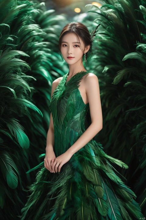  1girl,a gorgeous long dress made of feathers,green feather,huge feathers,complex background,beautiful background,(feathers everywhere:1.3),depth of field level,wangyushan,kind smile,looking_at_viewer,Dynamic pose