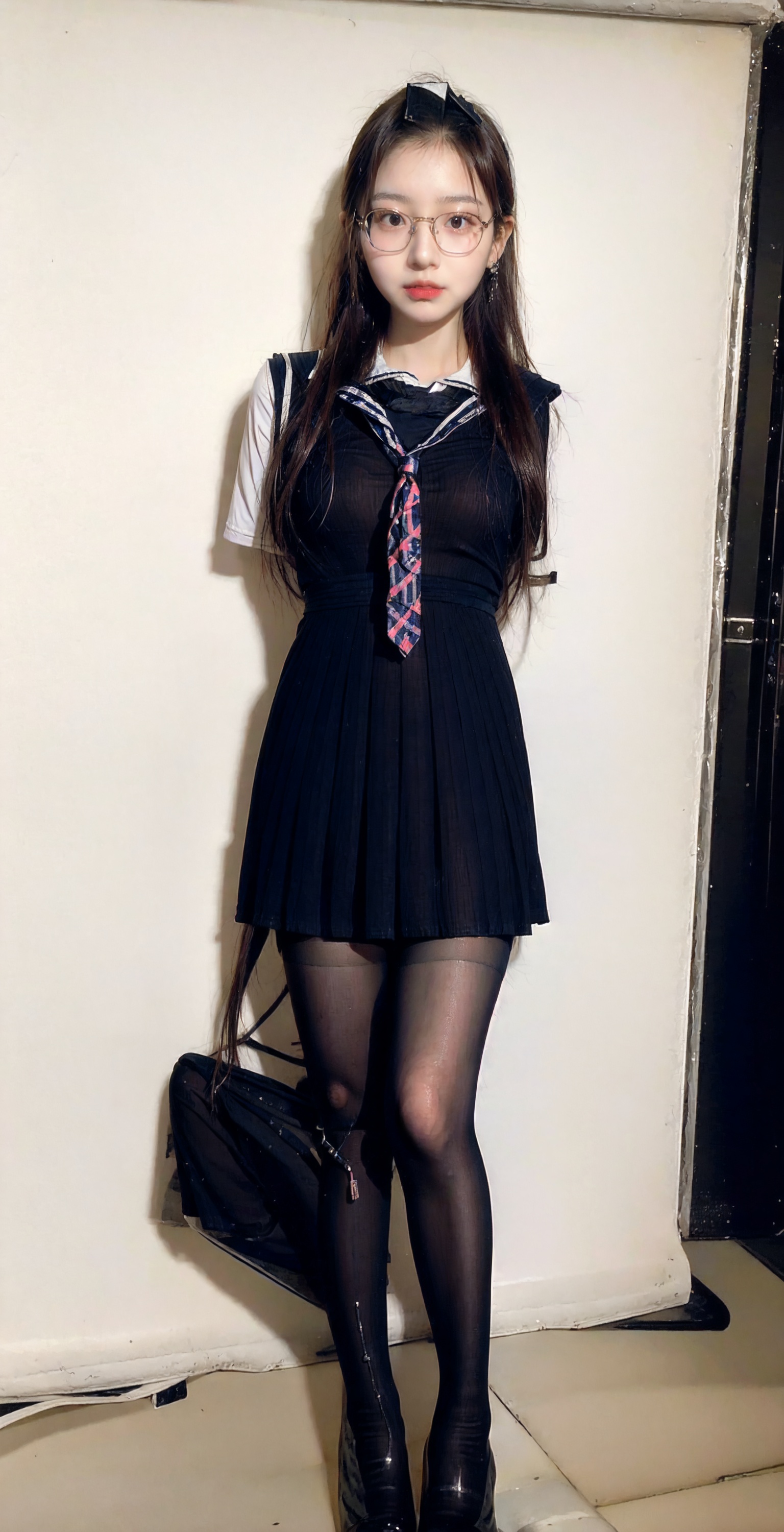  1 girl,moyou,(younger schoolgirl::2),see-through bang,looking at viewer,thin body,best quality,ultra detailed,glossy skin,contrappostomodel,floating hair,illustration,Lipstick,white thighhighs,(nude *****:1),full body,high heel,glasses,longhair, necklace, earrings, braid, black pantyhose,1girl,white walls, tutututu
