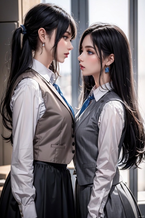  2 girls, jewelry, long hair, earrings, skirt, black hair,office, vest, shirt, suit,from side, lips, white shirt, blue eyes, makeup, long sleeves, standing, parted lips,lipstick, profile, grey vest, grey skirt, blurry, blue vest, skirt suit, looking up,good anatomy, good proportions, shapely body,
