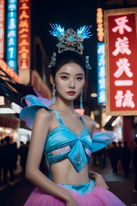 A 20-year-old Chinese beauty holding an LED sign that says "TUTU", dressed in magnificent ancient attire, illuminated by LED lighting in the style of 80s neon movie stills.
