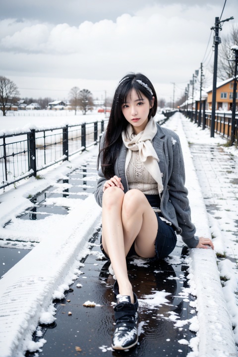  1 girl, Sexy winter clothes, pencil skirt, bare legs,Snowy day,countryside, 1girl