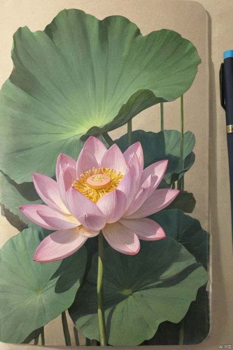  A colored pencil drawing on a sketchbook, A colored drawing of a lotus,Correct plant structure ,A concise composition,
BREAK
,displaying stroke details ,detailed drawing steps