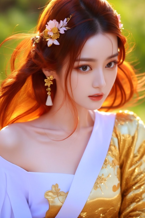 East Asian woman,traditional attire,ancient Chinese fashion,peach blossom hair accessory,delicate makeup,porcelain skin,ethereal beauty,expressive eyes,subtle gaze,windblown hair,sheer fabric,ornate patterns,gold and orange tones,fine jewelry,soft lighting,neutral background,close-up portrait,visual storytelling,femininity,elegance,cultural representation,serene expression,fashion photography,1girl,