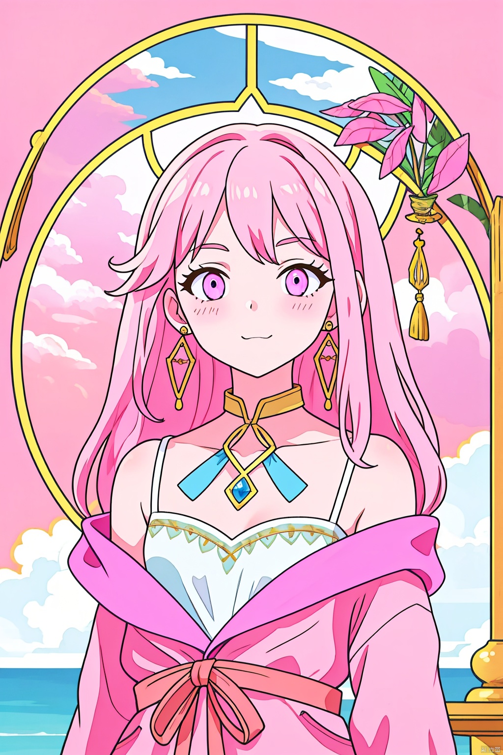 (masterpiece, top quality, best quality, official art, beautiful and aesthetic:1.1),1girl,solo,long hair,earrings,jewelry,upper body,white hair,blush,clouds,sky,(pink sky:1.3),fantasy,(pink think:1.5),pink as background,solid_circle_pupils of sky,Skwas fit kite,(The kite:1.1),kite,happy,smug,camisole,Transparent raincoat,