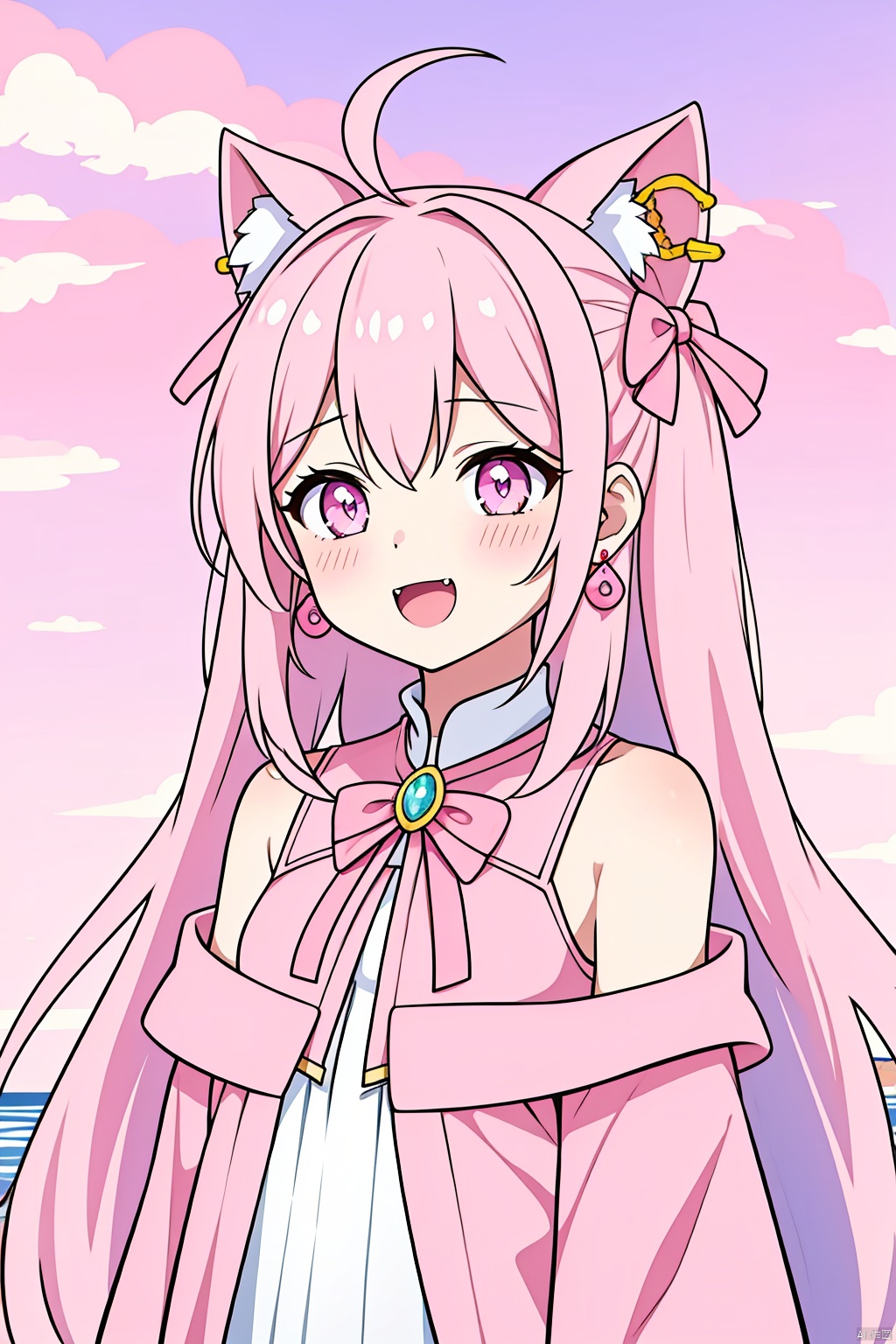1girl,solo,long hair,earrings,jewelry,upper body,white hair,blush,clouds,sky,(pink sky:1.3),fantasy,(pink think:1.5),pink as background,solid_circle_pupils of sky,Skwas fit kite,(The kite:1.1),kite,camisole,Transparent raincoat,blush,smile,open mouth,ahoge,:d,red bow,fangs,fang_out, Anime, magic