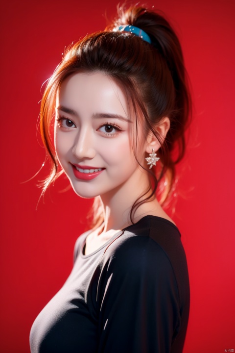 1girl,solo,earrings,jewelry,looking at viewer,long hair,smile,red background,closed mouth,black hair,black shirt,lips,realistic,brown eyes,shirt,forehead,brown hair,upper body,black eyes,portrait,blurry,ponytail,Pink shoulder strap,head tilt,Patterned background