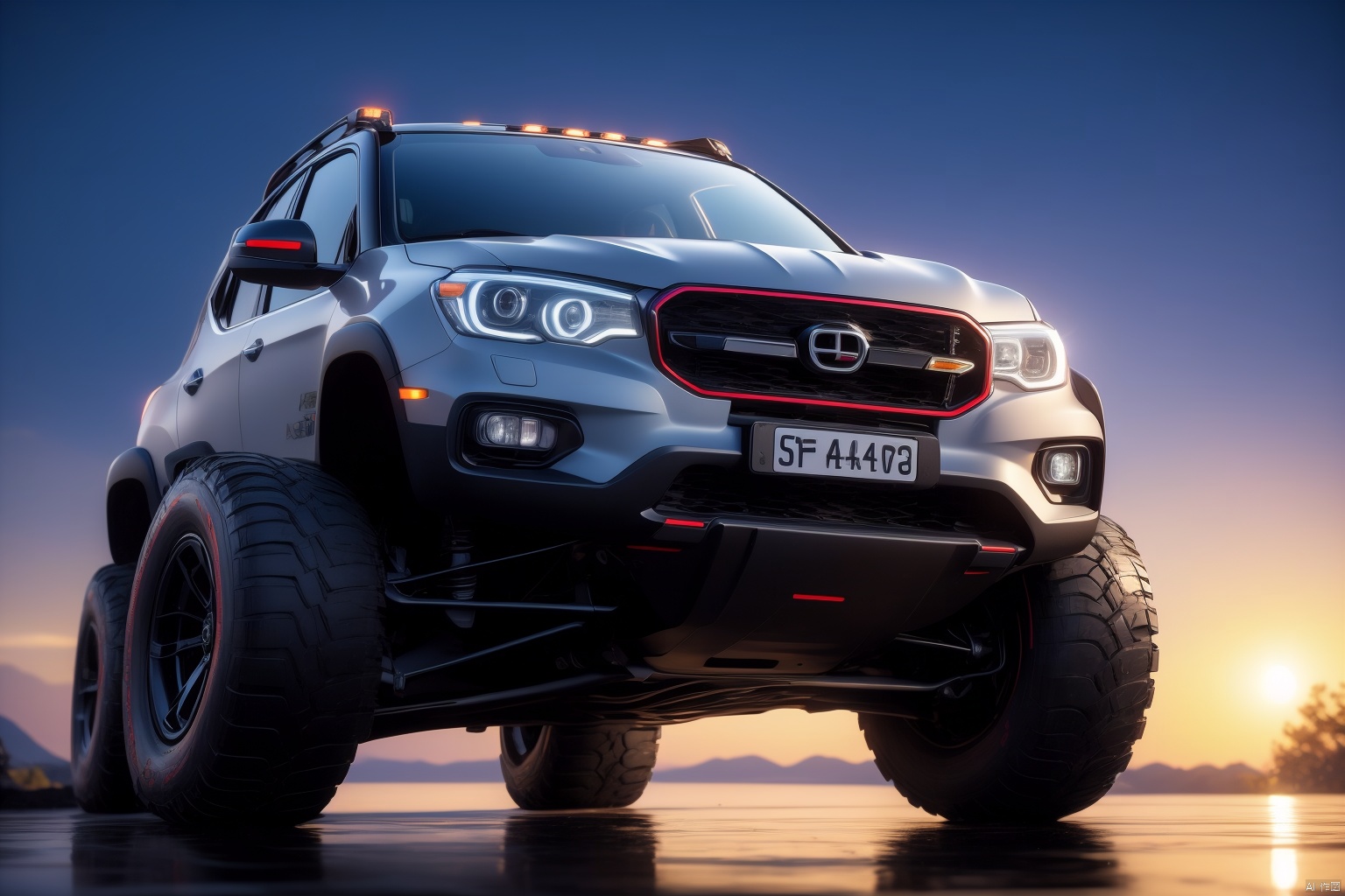 Off-road vehicle,wide and muscular volume,lens flare,blur background,reflective ground,(vehicle focus:1.3),(from below:1.2),cinematic angle,