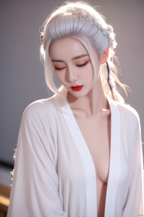 1girl,solo,red lips,white hair,long hair,mole,looking down,facial mark,forehead mark,mole under eye,blurry,upper body,realistic,makeup,blurry background,lips,braid,grey background,eyelashes,lipstick,closed mouth,half-closed eyes,robe,hair pulled back,a close up of a woman with a white hair and a white robe,white hanfu,beautiful pale makeup,hanfu,