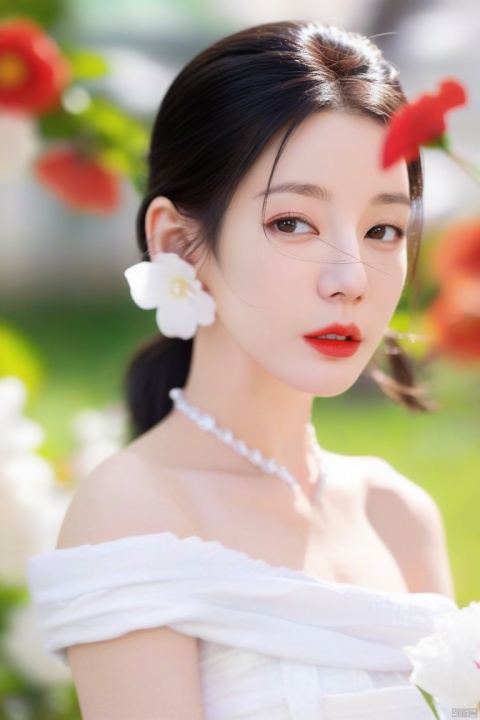 1girl, solo, long hair, looking at viewer, black hair, dress, bare shoulders, jewelry, closed mouth, upper body, flower, earrings, outdoors, day, white dress, blurry, lips, blurry background, realistic, red lips
