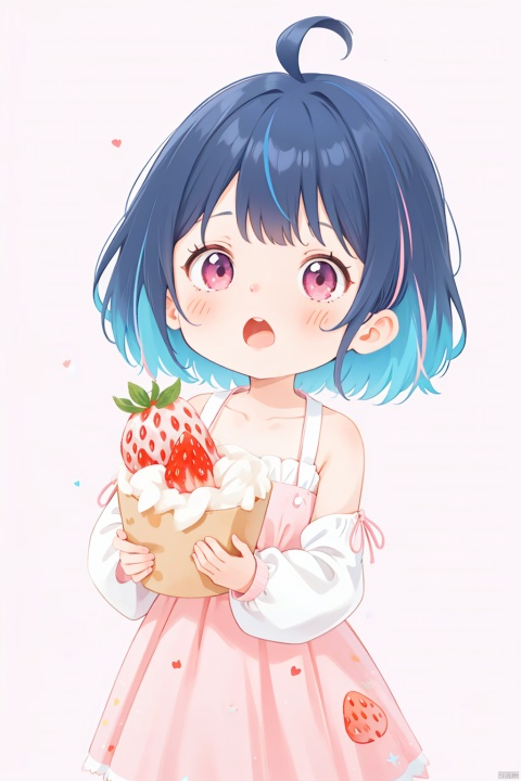 1girl,dress,solo,black hair,ahoge,multicolored hair,food,holding,blush,open mouth,white dress,pink hair,simple background,colored inner hair,long sleeves,bangs,puffy long sleeves,short hair,puffy sleeves,collarbone,blue hair,pink background,looking at viewer,fruit,sleeveless dress,pink dress,:o,two-tone hair,sleeveless,detached sleeves,strawberry,virtual youtuber,holding food,