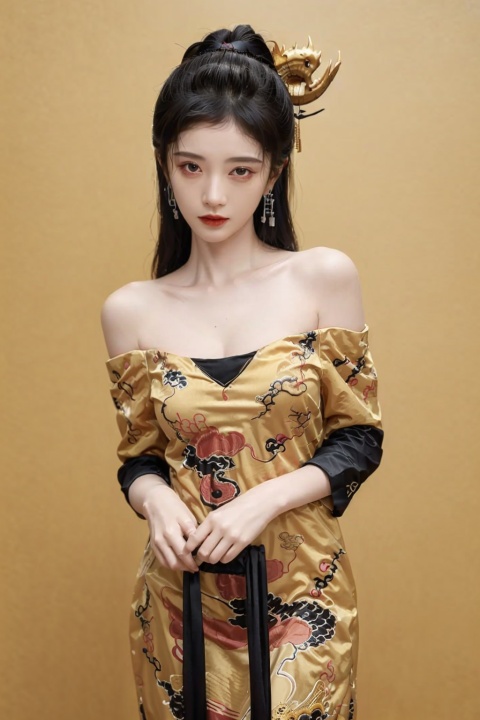  DSLR,Beauty, best quality, super detail, fine detail, high resolution, 8K wallpaper, perfect dynamic composition, beautiful detailed eye, off-shoulder, cleavage,big_breasts, , 1 girl, ,,jujingyi, dress, yellow dress, eastern dragon, chinese ancient architecture, linzhiling, fine art parody, dragon, parody,