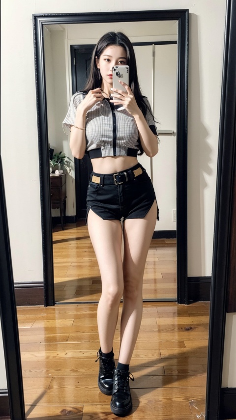  ((best quality)), (real), (masterpiece), 1girl, Half body,large breasts,temptation,aoa,midriff,Thighs,see-through,police uniform,Facing the oversized floor mirror,self_shot,Hide your face with your cellphone