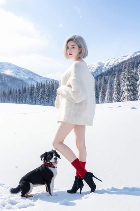  Best Quality, masterpiece, super high resolution, outdoors, snow, snow, snow, Snow Mountain Horizon, one girl, two dogs, short white hair, full body, long legs, high heels, red sweater, winter, realism, HD 16K,