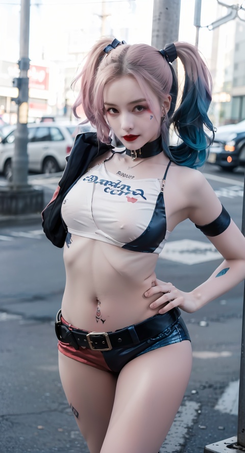  1girl,black choker,half of the hair is pink and half is blue,full_body, looking at viewer, arm tattoo,red lips, midriff, giant_breasts, makeup,R3D4NDBLU3,long hair, blush, embarrassed , dynamic pose on the street,MARG0TH4RL3Y, R3D4NDBLU3,MARG0TH4RL3Y,Harley_sucidesquad,moyou