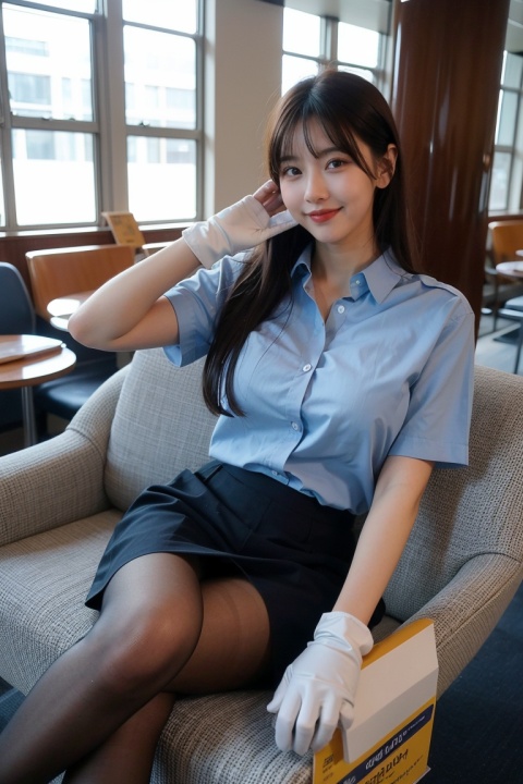  (1girl),(stewardess),blue uniform,pantyhose,gloves,realistic,(curvy:1.2),russian,looking at viewer,smile,( high quality:1.2),,black hair,mature_female,salute,airport lounge,(hime cut),(big chest),
