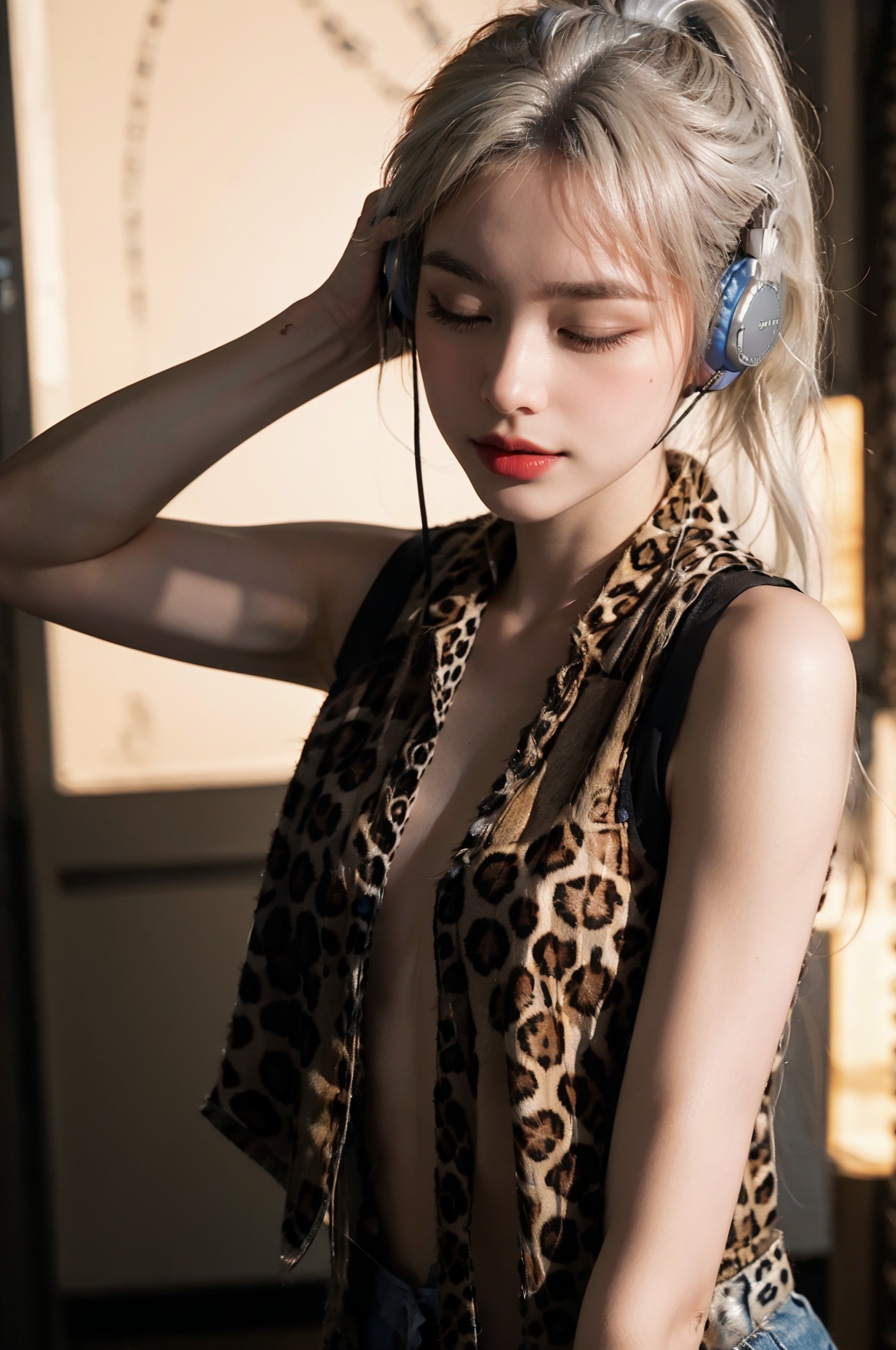  (masterpiece, best quality:1.2),highres,absurdres,1gril,solo,upper body,medium hair,high ponytail,(platinum blonde hair:1.4),light blush,smirk,closed eyes,black eyeshadow,lipstick,medium breasts,(leopard vest:1.5),shorts,(close-up:1.2),(female dj wearing headphones:1.3),(arm tattoo:1.2),tattoo designs,(black headset:1.4),perform,stage,night view,night,intense shadows,(dark):1.1,indoor,(Performance stage:1.3),studio,lighting,Sony camera A7R4 aperture 2.8 shutter 120,nightclub,Girl, tutuzz