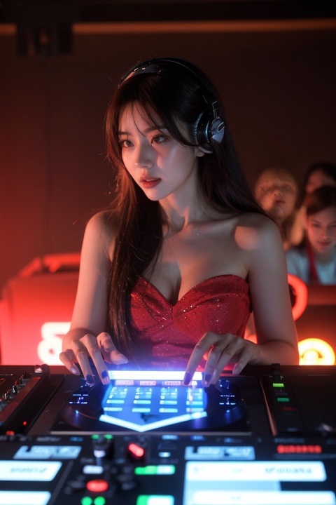  A sultry and energetic female DJ commands attention in a vibrant red dress, captivating the audience with her gaze, as electrifying neon lights surround the lively crowd, creating an atmosphere of excitement and rhythm.