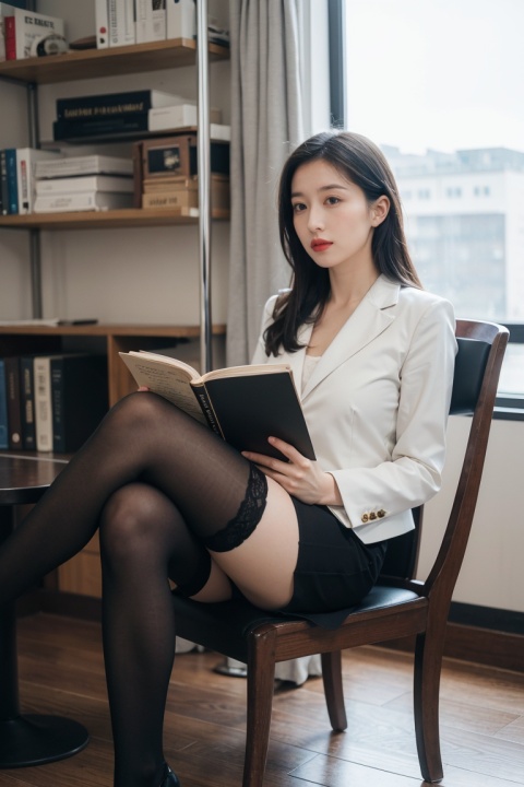  a woman in a business suit sitting on a chair reading a book with a black stockings on her leg