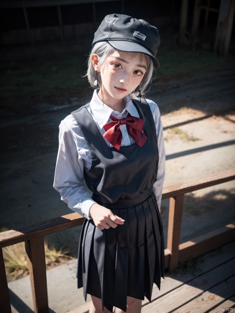 masterpiece,best quality,highres,absurdres,
 (Standing on a high platform:1.2), Looking downwards, (cowboy shot:1.2),
1girl,light smile, (10 years old girl:1.3),hat,grey hair,short hair,earrings,red bow,school uniform,cool girl,expressionless,freckles,fami \(chainsaw man\),crowd
