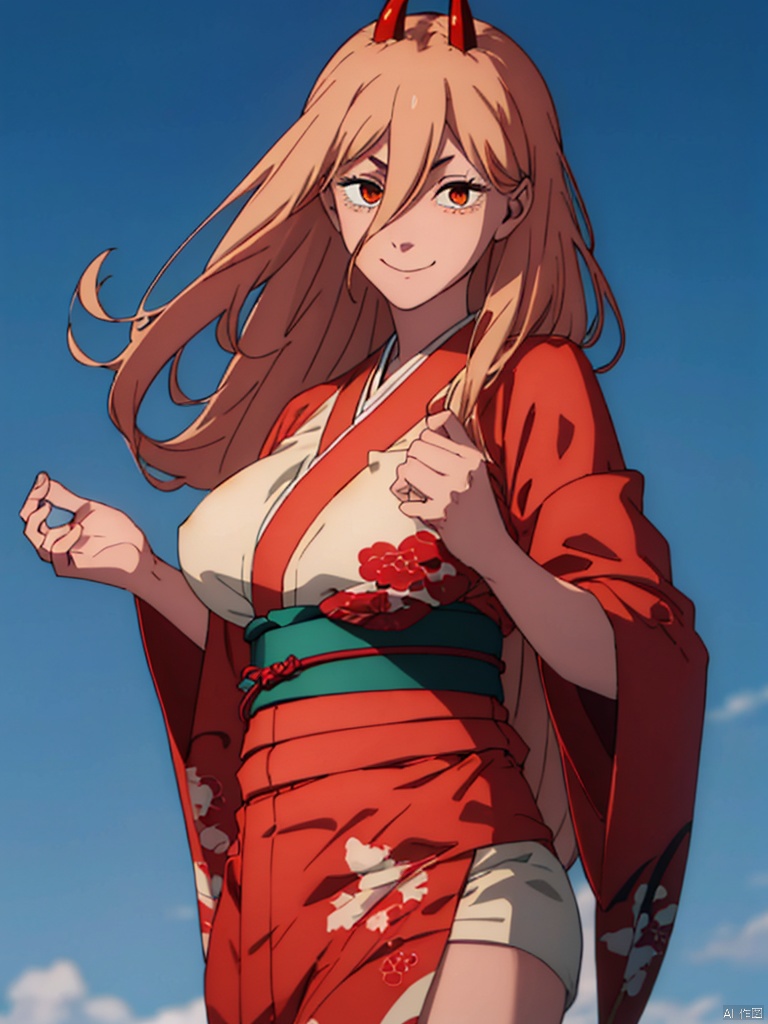 masterpiece,best quality,8k,ultra-detailed,simple_background,
1girl, smile,solo, looking at viewer,cowboy_shot,Power_CYQL,long hair,blonde hair,hair between eyes, red demon horns, cross-shaped pupils,
huge breasts, (in kimono:1.3),