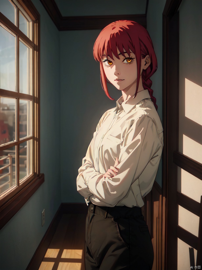 masterpiece,best quality,8k,ultra-detailed, (cowboy_shot:1.4), 
1girl,  Makima_CYQL, red hair,medium hair,bangs,sidelocks,braided hair, yellow eyes,ringed eyes,white t-shirt, black pants,
(Sneer), sweet smile,  (walk to the viewer:1.3), 
indoors, in living room, (evening out of the window:1.3), (dark outside:1.3), (Husky behind:1.2),