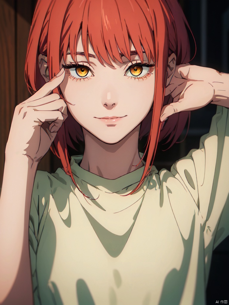 masterpiece,best quality,8k,ultra-detailed, (cowboy_shot:1.2),
1girl,  red hair,medium hair,bangs,sidelocks,yellow eyes,ringed eyes,white t-shirt, 
(Sneer), sweet smile,  (Stretching her arm towards the viewer:1.3), (point to viewers:1.2), (hand focus:1.4), Makima_CYQL