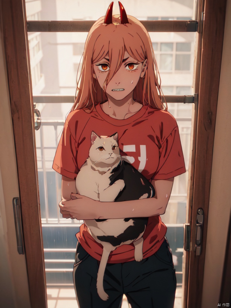 masterpiece,best quality,8k,ultra-detailed, (cowboy_shot:1.4),
1girl,  big_breasts ,Sharp teeth, Power_CYQL,long hair,blonde hair,hair between eyes, red demon horns,(cross pupils:1.2),
(stand in balcony), windows, (shirts hanging on the clotheshanger:1.5),  warm theme, (Holding a cat), looking at viewer,nervous, panic, orange T-shirt, trousers, (Sweat on face), 