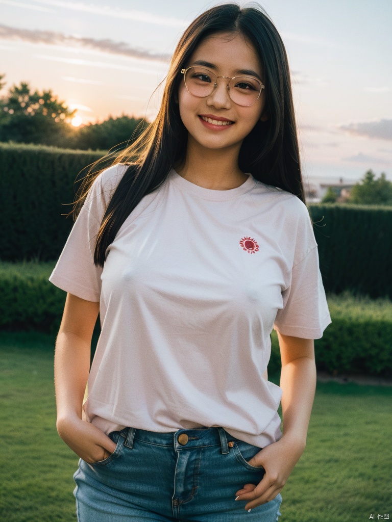  beautiful illustration, best quality,masterpiece,ultra detailed skin,great detail,realistic,photorealistic, (High definition background:1.2),
(nsfw:0),(completely nude:0),
1girl , (10 years old girl:1.2) ,glasses, light smile, full face blush,(plump), very long hair,absurdly_long_hair, black hair, big breasts,
in garden, t-shirt, blue_jeans,smile, (sunset, moon, cloud, red sun), chair, cola, glass cup, backpack,