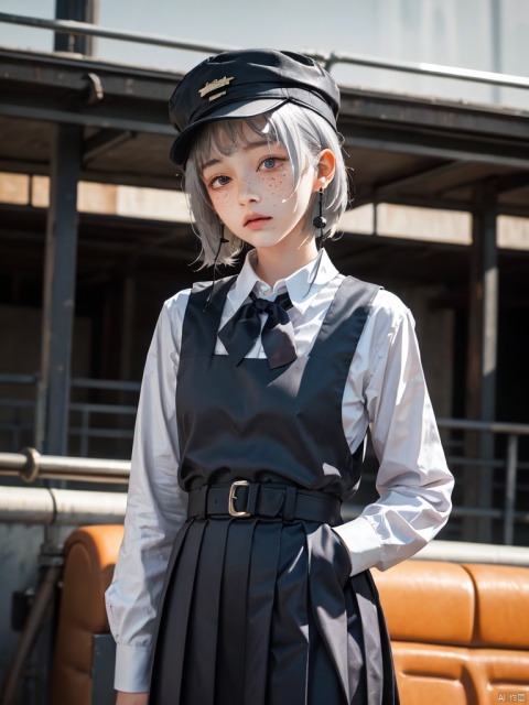 masterpiece,best quality,highres,absurdres,
 (Standing on a high platform:1.2),  (cowboy shot:1.2),
1girl,(10 years old girl:1.3),hat,grey hair,short hair,earrings,red bow,school uniform,cool girl,expressionless,freckles,