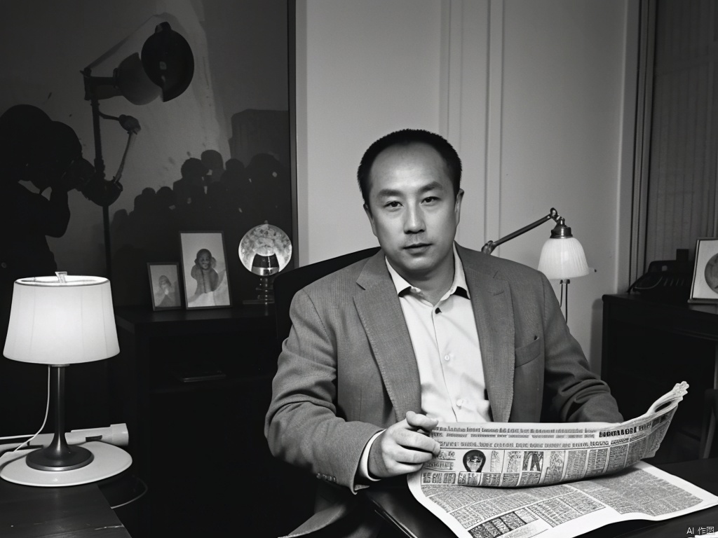  beautiful illustration, best quality,male focus,
Black and white photos effect,
(A middle-aged man), in suit, thin,
glasses, sitting  in chair, (reading newspaper:1.2),
An old-fashioned desk lamp is placed in one corner of the desk,
cinematic lighting,  sd mai, moriyama photo