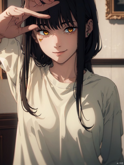 masterpiece,best quality,8k,ultra-detailed, (cowboy_shot:1.2), POV,
1girl,  Makima_CYQL, black hair,very long hair, Bangs,yellow eyes,ringed eyes,white t-shirt, black pants,
sweet smile, (Lacrimal nevus:1.3),
(Sneer), sweet smile,  (point to viewers:1.2), 