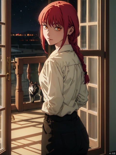 masterpiece,best quality,8k,ultra-detailed, (cowboy_shot:1.4), 
1girl,  Makima_CYQL, red hair,medium hair,bangs,sidelocks,braided hair, yellow eyes,ringed eyes,white t-shirt, black pants,
(Sneer), sweet smile,  (walk to the viewer:1.5), 
indoors, in living room, (evening out of the window:1.3), (It's night outside the window:1.3), (Husky behind:1.2),