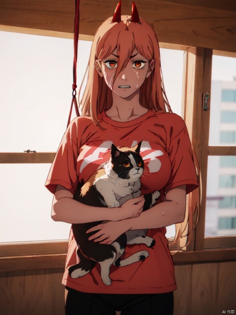 masterpiece,best quality,8k,ultra-detailed, (cowboy_shot:1.4),
1girl,  big_breasts ,Sharp teeth, Power_CYQL,long hair,blonde hair,hair between eyes, red demon horns,(cross pupils:1.2),
(stand in balcony), windows, (shirts hanging on the clotheshanger:1.5),  warm theme, (Holding a white cat), looking at viewer,nervous, panic, orange T-shirt, trousers, (Sweat on face), 