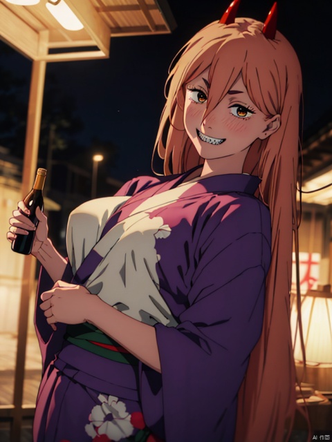 masterpiece,best quality,8k,ultra-detailed, At night, fireworks, people behind her,
1girl, full face blush, piss_drunk, big_smile,Sharp teeth,  looking at viewer, cowboy_shot,Power_CYQL,long hair,blonde hair,hair between eyes, red demon horns, cross-shaped pupils, Holding a bottle of wine in hand, 
huge breasts, (in Yukata:1.3),