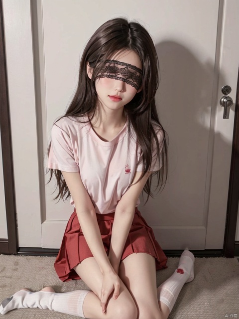  Highest picture quality,masterpiece,ultra-high resolution,reality,Fading effect of photos,
1girl, (young little girl:1.3),cute_smile,very long hair, plump, (full face blush:1.4),Lovely face,dimples on her face,Realistic skin texture,in doors,
(white sport T-shirt, red skirt, white long socks:1.2),more_than_one_pose,big Collar,(blindfold:1.2),
Exquisite details,precise hand details,(fullbody shot:1.3), Film Photography,