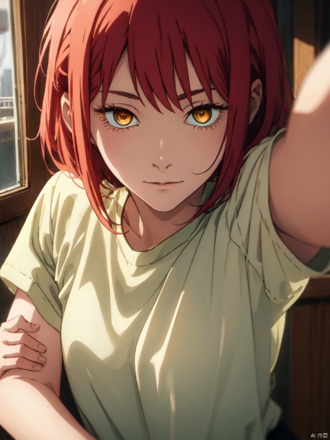 masterpiece,best quality,8k,ultra-detailed, (cowboy_shot:1.2),
1girl,  red hair,medium hair,bangs,sidelocks,yellow eyes,ringed eyes,white t-shirt, 
(Sneer), sweet smile,  (Stretching her arm towards the viewer:1.4), (point to viewers:1.2), hand focus, Makima_CYQL