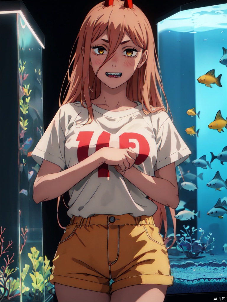 masterpiece,best quality,8k,ultra-detailed, (In the aquarium:1.4),dark theme, 
1girl, (6 years old girl:1.4), full face blush, happy_face ,Sharp teeth,   Flashlight effect, looking at viewer, cowboy_shot,Power_CYQL,long hair,blonde hair,hair between eyes, red demon horns, cross-shaped pupils, 
flat_chest, (in white t-shirt:1.3), (in yellow shorts,:1.2),