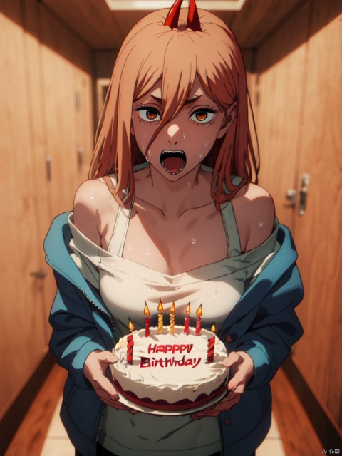 masterpiece,best quality,8k,ultra-detailed, cowboy_shot,
1girl, Sharp teeth, Power_CYQL,long hair,blonde hair,hair between eyes, red demon horns, cross-shaped pupils,
(at the hallway:1.3),dark theme, (holding a huge birthday cake with both hands:1.4), looking at viewer, 
(Fear,terrified, panic , frightened), White shirt, gray Jackets, (jacket slipping off shoulder:1.4), (Sweat on the face:1.4), Sweat fills the face,
big_boobies,Slightly open mouth,