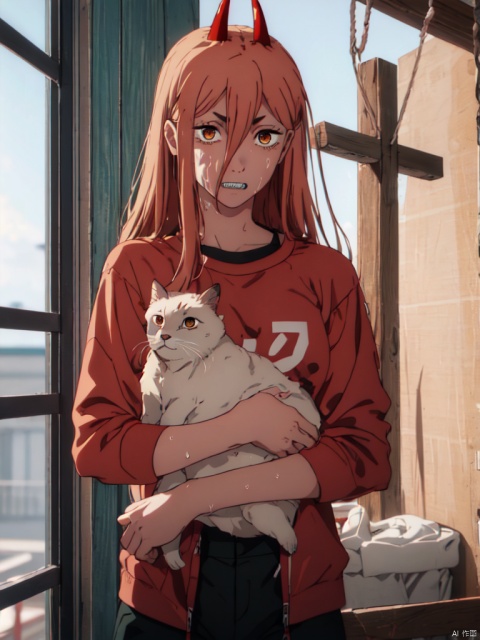 masterpiece,best quality,8k,ultra-detailed, (cowboy_shot:1.4),
1girl,  big_breasts ,Sharp teeth, Power_CYQL,long hair,blonde hair,hair between eyes, red demon horns,( cross-shaped pupils:1.5),
(stand in balcony), windows, (Clothes hanging on the clothesline:1.2),  warm theme, (Holding a cat), looking at viewer,nervous, panic, orange T-shirt, trousers, (Sweat on face), 