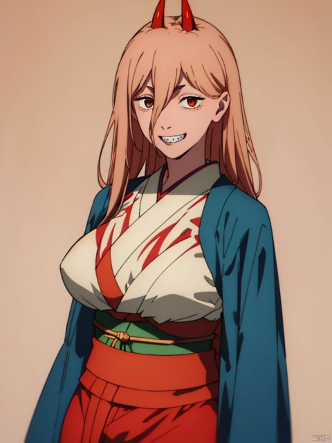 masterpiece,best quality,8k,ultra-detailed,simple_background,
1girl, smile,teeth, solo, looking at viewer,cowboy_shot,Power_CYQL,long hair,blonde hair,hair between eyes, red demon horns, cross-shaped pupils,
huge breasts, (in kimono:1.3),